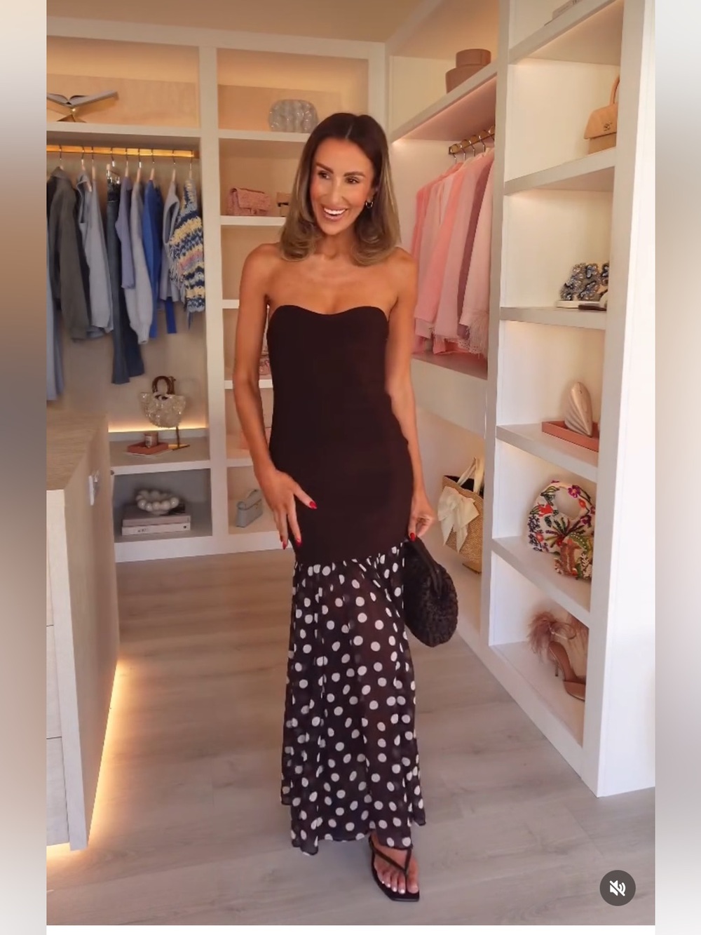 NWT Zara Brown Strapless Maxi Dress with White Polka Dot Skirt